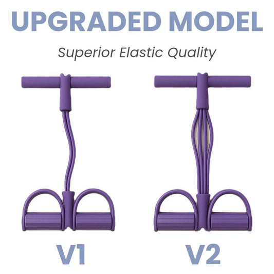 Comparison of two purple resistance bands labeled V1 and V2 with text about superior elastic quality.